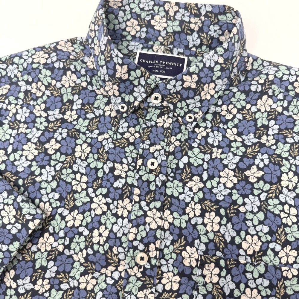 Charles Tyrwhitt Mens Large Slim Fit Floral Short Sleeve Non-Iron Shirt Blue